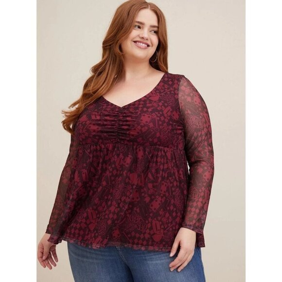 Torrid 4 Disney Villains Queen of Hearts Top 4X Long Sleeve Cinch Front Mesh - Picture 1 of 9